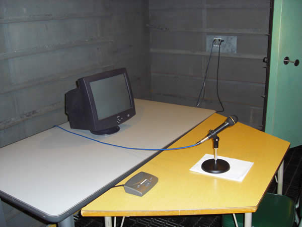 desk with computer monitor and microphone